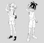  1boy 1girl backpack bag bandaged_arm bandages bandaid bandaid_on_arm bandaid_on_cheek bandaid_on_face bandaid_on_leg bandaid_on_nose braid closed_mouth crossed_bangs full_body gauze gloves greyscale hair_between_eyes hairband hat highres holding holding_poke_ball holding_unworn_clothes holding_unworn_hat juliana_(pokemon) kieran_(pokemon) kneehighs leaf leaf_on_head monochrome multicolored_hair nekoniko777 poke_ball pokemon pokemon_sv shirt shoes short_sleeves shorts simple_background single_glove socks standing tank_top unworn_hat unworn_headwear 