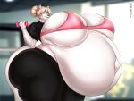 4:3 absurd_res anthro belly big_belly big_breasts big_butt breasts butt dumbbell felid female hi_res huge_belly huge_breasts huge_butt lavochnica mammal melanistic morbidly_obese obese overweight pantherine pregnant solo sport thick_thighs tiger weights
