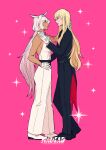  1boy 1girl alternate_costume alternate_hairstyle animal_ears animated animated_gif ascot backless_shirt bare_shoulders black_pants black_sash black_shoes black_tailcoat blinking blonde_hair blue_eyes body_markings brooch caenis_(fate) caenis_(fgo_fes._2022)_(fate) closed_mouth commentary dark-skinned_female dark_skin extra_ears eye_contact fate/grand_order fate_(series) formal_clothes from_side full_body gloves hair_between_eyes hair_down hair_intakes hand_in_another's_hair hand_on_another's_back hand_on_another's_chest hand_on_own_hip hetero highres horse_ears jewelry kirschtaria_wodime long_hair looking_at_another pants pink_background profile sash shirt shoes simple_background sleeveless sleeveless_shirt sparkle standing tailcoat tansan_(1soda2) untranslatable_commentary white_ascot white_gloves white_hair white_pants white_shirt white_shoes 