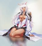  alternate_hair_length alternate_hairstyle animal_ears arm_at_side arm_support breasts cat_ears cleavage facial_mark final_fantasy final_fantasy_xiv highres leaning_to_the_side lips long_coat long_hair looking_at_viewer medium_breasts miqo'te no_bra open_clothes open_mouth pengnangehao seiza silver_eyes sitting slit_pupils solo white_hair y'shtola_rhul 