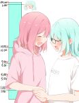  2girls absurdres amaori_renako aqua_hair blue_hair closed_eyes commentary glasses highres holding_hands hood hoodie kiss_meter_(meme) koyanagi_kaho medium_hair meme multiple_girls nuooooodoomo open_mouth pink_hair pink_hoodie shirt simple_background smile watashi_ga_koibito_ni_nareru_wake_naijan_murimuri! white_background white_shirt yuri 