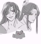  2boys absurdres animal animalization bingpup_(renzha_fanpai_zijiu_xitong) braid chinese_clothes commentary_request creator_connection crossover dog eyepatch facial_mark forehead_mark greyscale grin hanfu headband highres hua_cheng lan_wangji long_hair looking_at_viewer luo_binghe male_focus modao_zushi monochrome multiple_boys one_eye_covered parted_lips pointy_ears portrait red_eyes renzha_fanpai_zijiu_xitong side_braid simple_background single_braid sketch smile spot_color tem0822_bl tianguan_cifu topknot white_background xiao_guan_(headdress) yellow_eyes zuiyin 