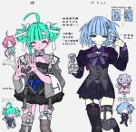  2girls ahoge aqua_hair arm_belt asymmetrical_bangs asymmetrical_legwear belt belt_bra black_bra black_eyes black_shoes black_skirt black_thighhighs blue_belt blue_eyes blunt_bangs blush_stickers bow bowtie bra braid braided_sidelock breasts buttons can center_frills chibi chibi_inset claw_ring cleavage_cutout closed_eyes closed_mouth clothing_cutout collar collared_shirt colored_skin commentary cowboy_shot crop_top cropped_jacket diagonal-striped_bow diagonal-striped_bowtie diagonal-striped_clothes double_bun double_vertical_stripe emoticon energy_drink fashion feet_up fishnet_thighhighs fishnets four-finger_heart_hands frilled_collar frilled_sleeves frills garter_straps grey_background grey_collar grey_shirt grey_sleeves grey_thighhighs hair_bun hair_ornament hair_ribbon heart heart_hands highres holding holding_can inward_v jacket jaggy_lines jewelry juliet_sleeves kaomoji lapel_chain layered_skirt legwear_garter light_smile long_sleeves looking_at_viewer mismatched_legwear mole mole_under_eye monster_energy multicolored_nails multicolored_thighhighs multiple_girls multiple_rings necklace o-ring o-ring_belt o-ring_thigh_strap original ornate_clothes ornate_ring ouji_fashion pink_nails pink_skin pleated_skirt print_skirt puffy_sleeves purple_belt purple_bow purple_bowtie purple_jacket purple_nails purple_shirt purple_skirt rabbit_hair_ornament ribbon ring round_collar shirt shoes short_eyebrows short_sleeves sidelocks silver_chain silver_necklace silver_ring single_garter_strap single_legwear_garter single_sidelock skindentation skirt small_breasts spot_color standing standing_on_one_leg striped_bow striped_bowtie striped_clothes striped_thighhighs susushi_11 techwear text_background thick_eyebrows thigh_strap thighhighs three-quarter_sleeves too_many too_many_belts twintails two-sided_fabric two-sided_jacket two-tone_nails two-tone_thighhighs underbust underwear v v_over_eye vertical-striped_clothes vertical-striped_sleeves vertical-striped_thighhighs white_ribbon wide_sleeves x_hair_ornament yellow_skin 