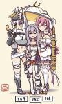 3girls bandaged_leg bandaged_stomach bandaged_waist bandages bare_shoulders blush bodysuit breasts capelet chicken_(food) chicken_leg cleavage cloak closed_mouth clothing_cutout commentary_request cup dog_tags doro_(nikke) dorothy_(nikke) eating food fried_chicken goddess_of_victory:_nikke grey_hair hair_between_eyes hat head-mounted_display height_difference highres holding holding_cup holding_food holding_saucer jingasa large_breasts leg_cutout long_hair mechanical_arms multiple_girls navel official_alternate_costume official_alternate_design pink_hair saucer scar scar_on_stomach scar_on_thighs scarlet_(nikke) shirt smile snow_white_(heavy_arms)_(nikke) snow_white_(nikke) stupidleon2 teacup torn_capelet torn_cloak torn_clothes visor_(armor) visor_lift white_cloak white_hair yellow_eyes 
