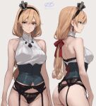  1girl artist_logo ass black_hairband black_panties blonde_hair collared_shirt commentary_request corset crown dress_shirt from_behind garter_belt garter_straps grey_background grey_corset grey_hair hairband haruto_(harut_n) kantai_collection logo long_hair looking_at_viewer low-tied_long_hair mini_crown multiple_views panties shirt sleeveless sleeveless_shirt thong underwear valiant_(kancolle) white_shirt 