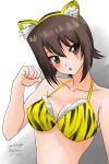  1girl animal_ears animal_print arm_up artist_name blush breasts brown_eyes brown_hair clenched_hand commentary_request dated eyes_visible_through_hair fake_animal_ears fur_bikini girls_und_panzer gradient_background hair_between_eyes head_tilt large_breasts looking_at_viewer matsui_yasutsugu navel nishizumi_maho open_mouth short_hair signature simple_background solo tiger_ears tiger_print tiger_print_bikini upper_body 