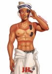  1boy abs absurdres atalajoestar birthmark black_hair blue_eyes clothes_around_waist dixie_cup_hat facial_mark freckles green_lips hashtag-only_commentary hat headphones higashikata_josuke_(jojolion) highres joestar_birthmark jojo_no_kimyou_na_bouken jojolion male_focus male_underwear military_hat navel nipples parted_lips pectorals sailor sailor_hat shirt shirt_around_waist simple_background solo tan tanlines teeth toned toned_male tooth_gap topless_male underwear white_background white_hat 