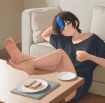  1girl :/ anklet arm_behind_head bare_legs barefoot black_hair black_nails black_shirt blue_streaks breasts brown_eyes collarbone commentary_request couch drink earrings feet feet_on_table food foot_focus highres holding holding_drink indoors jewelry legs looking_at_viewer medium_breasts multicolored_hair nail_polish nihu original plate sandwich shiragi_(nihu) shirt short_hair single_hair_streak sitting soles solo streaked_hair thighs toenail_polish toenails toes 
