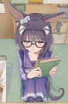  1girl absurdres animal_ears black_hair blue_eyes blush book bookshelf bow bowtie braid breasts cart chair closed_mouth collarbone commentary_request crown_braid glasses highres holding holding_book horse_ears horse_girl horse_tail indoors library long_hair long_sleeves maron17_29mikan on_chair pleated_skirt purple_sailor_collar purple_serafuku purple_shirt purple_skirt purple_thighhighs sailor_collar sailor_shirt school_uniform serafuku shirt sitting skirt solo sweatdrop tail thighhighs tracen_school_uniform umamusume white_bow white_bowtie zenno_rob_roy_(umamusume) 