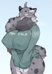 2026 absurd_res anthro big_breasts biped blue_eyes breasts buta99 digital_drawing_(artwork) digital_media_(artwork) felid female fur grey_body grey_fur grey_spots hi_res mammal markings pantherine simple_background snow_leopard spots spotted_body spotted_fur