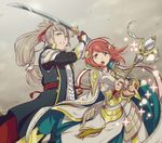  1girl armor brother_and_sister cape fire_emblem fire_emblem_heroes fire_emblem_if grey_hair hairband hiyori_(rindou66) long_hair open_mouth pink_hair ponytail red_hair sakura_(fire_emblem_if) siblings simple_background staff takumi_(fire_emblem_if) weapon yumi_(bow) 