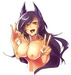  :d ahri black_hair blush breasts commentary_request cropped_torso cum cum_in_mouth fox_girl half-closed_eyes league_of_legends long_hair medium_breasts mugimaro35 nail_polish naughty_face nipples open_mouth red_nails simple_background slit_pupils smile solo tongue tongue_out topless v whisker_markings white_background 