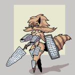 2025 anthro arm_tuft armor big_tail breastplate breasts brown_body brown_fur brown_hair brown_tail cheek_tuft cheese_grater cleavage clothed clothing digital_drawing_(artwork) digital_media_(artwork) eyelashes facial_tuft female fluffy fluffy_tail frowning_at_viewer full-length_portrait fur greaves grey_background hair hi_res holding_object holding_shield holding_weapon looking_at_viewer mammal markings meme navel partially_clothed partially_clothed_anthro portrait procyonid raccoon ring_(marking) ringed_tail schynbalds serious_face shadow shield shoulder_tuft simple_background skimpy solo striped_markings striped_tail stripes tail tail_markings tan_background the_cheese_grater_image thigh_armor three-quarter_view tuft unconventional_clothing unconvincing_armor walking weapon zhmernalt