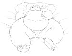 2021 absurd_res anthro bed belly black_and_white breasts butt butt_from_the_front chubby_cheeks claw_fingers claw_toes digital_drawing_(artwork) digital_media_(artwork) dorkass eyes_closed feet female front_view fupa furniture generation_1_pokemon genitals hand_on_belly hi_res huge_hips huge_thighs lying mammal monochrome nintendo nude obese obese_anthro obese_female on_back on_bed open_mouth overweight overweight_anthro overweight_female pillow pokemon pokemon_(species) pokemorph sketch sleeping snorlax soles solo sound_effects spread_legs spreading thick_thighs vowelless vowelless_sound_effect vulva wide_hips zzz