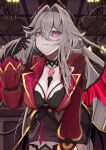  1girl absurdres black_dress breasts chandelier commentary_request dress fuji4o hair_intakes highres honkai_(series) honkai_impact_3rd indoors jacket large_breasts long_hair looking_at_viewer necklace_between_breasts official_alternate_costume purple_eyes red_jacket red_wings solo thelema_nutriscu thelema_nutriscu_(gentle_is_the_night) very_long_hair white_hair wings 