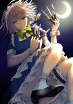  1girl apron between_fingers black_shoes blue_dress blue_eyes bow bowtie braid bright_pupils commentary crescent_moon dress eroriru floating foot_out_of_frame frilled_socks frilled_thigh_strap frills green_bow green_bowtie grey_hair hair_bow hand_up holding holding_knife izayoi_sakuya knees_up knife looking_at_viewer maid_apron maid_headdress moon outdoors parted_lips petticoat puffy_short_sleeves puffy_sleeves shoes short_hair short_sleeves sky socks solo star_(sky) starry_sky thigh_strap touhou twin_braids untranslatable_commentary waist_apron white_apron white_headdress white_pupils white_socks 