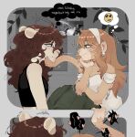 2026 5_fingers anthro biped blush bottomwear breasts brown_body brown_fur brown_hair brown_tail clothed clothed_anthro clothed_female clothing digital_drawing_(artwork) digital_media_(artwork) duo english_text eye_contact felid female female/female fingernails fingers fully_clothed fully_clothed_anthro fully_clothed_female fur green_eyes hair haplorhine heart_symbol hi_res inside lion looking_at_another mammal monkey nails pantherine primate raccoattack side_view sitting smile tail teeth text thought_bubble topwear