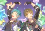  2boys ahoge arm_up balloon black_gloves black_shirt blue_eyes blue_hair brown_hair commentary_request cropped_jacket ensemble_stars! fingerless_gloves gloves green_eyes hand_up heart_arms heart_balloon high_collar hikku_(hrhranpontan) jacket jewelry looking_at_another male_focus multiple_boys necklace one_eye_closed open_clothes open_hands open_jacket open_mouth parted_bangs purple_background shinkai_kanata shirt short_hair smile star_(symbol) star_balloon star_necklace takamine_midori three-quarter_sleeves upper_body 