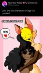 2024 absurd_res amber_baker anthro ask_blog black_hair breast_squish breasts brown_body brown_fur canid canine canis cupcake_(pinkcupcakepup) dialogue dipstick_ears domestic_cat domestic_dog duo ear_markings eggplant_emoji english_text eyes_closed eyewear felid feline felis female female/female fur glasses gloves_(marking) hair hand_on_head heart_symbol hi_res hug mammal markings multicolored_ears nude pink_background poodle siamese simple_background smile squish surrealatorium tan_body tan_fur text wearing_glasses yellow_mask