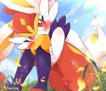 2026 absurd_res anthro biped blush bodily_fluids cinderace female fur generation_8_pokemon genital_fluids genitals hi_res looking_at_viewer nintendo nude pokemon pokemon_(species) prrrrrrmine solo vaginal_fluids vulva white_body white_fur