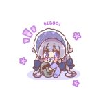  1girl aged_down black_bow bonnet bow chibi colored_shadow commentary_request grey_hair hair_bow hat highres hololive hololive_english koseki_bijou long_hair looking_at_viewer mitarashi_neko moai_(koseki_bijou) notice_lines onesie pacifier purple_eyes purple_hat shadow simple_background sitting solo very_long_hair virtual_youtuber white_background 