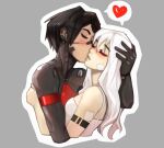  2girls android ariane_yeong bandaid bandaid_on_cheek bandaid_on_face black_hair blush closed_eyes commentary cropped_torso dress elster_(signalis) english_commentary grey_background hand_on_another's_head heart highres hug kiss kissing_cheek long_hair metal_skin moofworld multiple_girls outline parted_lips shared_speech_bubble short_hair signalis simple_background skin_seams speech_bubble spoken_heart upper_body white_dress white_hair white_outline yuri 