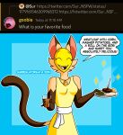 2024 absurd_res amber_baker anthro ask_blog beverage blue_background bread_roll breasts brown_arms brown_tail clothing container corn cup dialogue dinner_plate dipstick_ears discord_(app) domestic_cat dress drinking_glass ear_markings english_text eyes_closed felid feline felis female food fur glass glass_container glass_cup gloves_(marking) hi_res holding_beverage holding_container holding_cup holding_drinking_glass holding_food holding_object holding_plate locket mammal markings mashed_potatoes meat multicolored_ears plant portrait siamese simple_background solo sparkles steam sundress surrealatorium tail tan_body tan_fur text three-quarter_portrait url yellow_clothing yellow_dress yellow_mask