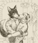 anthro black_body black_fur bottomwear bovid building canid canine canis caprine clothed clothed_anthro clothed_male clothing dialogue duo ears_up eyes_closed fur hi_res holding_another holding_partner horn kissing looking_at_another looking_at_partner male male/male mammal pants reynard_goodfellow reynard_the_baa sculpture sheep shirt slur tail text topwear wolf wool_(fur)