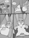  2018 anthro areola big_breasts breasts buckteeth canid canine comic cum cum_on_penis dialogue digital_media_(artwork) dipstick_ears disney duo english_text eyes_closed female fox freckles_(artist) gloves_(marking) greyscale huge_breasts humanoid_penis judy_hopps lagomorph male male/female mammal markings monochrome nick_wilde nipples open_mouth penis rabbit sex teeth text titfuck tongue tongue_out url zootopia 