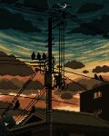  architecture bird bird_on_power_lines blue_sky building cloud commentary crescent_moon dark dusk east_asian_architecture fatbeard highres moon no_humans orange_sky original outdoors pixel_art power_lines scenery silhouette sky 