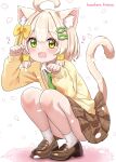  1boy absurdres ahoge animal_ear_fluff animal_ears artist_name blonde_hair blush bow brown_shoes brown_skirt cardigan cat_boy cat_ears cherry_blossoms commentary_request convenient_leg crossdressing crossdressing_(mtf) falling_petals fish_hair_ornament full_body green_eyes green_necktie hair_bow hair_ornament hazakura_hinata heterochromia highres huge_ahoge kaya_(hazakura_hinata) loafers long_sleeves looking_at_viewer male_focus necktie nyan open_mouth original paw_pose petals pleated_skirt revision school_uniform shoes short_hair simple_background skirt smile socks solo squatting tail tail_raised tareme trap white_background white_socks yellow_bow yellow_cardigan yellow_eyes 
