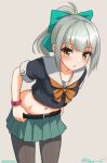  1girl black_pantyhose black_shirt blunt_bangs bow bowtie brown_eyes commentary_request dated green_bow green_skirt grey_background grey_hair hair_bow kantai_collection long_hair midriff one-hour_drawing_challenge orange_bow orange_bowtie pantyhose pleated_skirt ray.s sailor_collar shirt simple_background skirt solo twitter_username white_sailor_collar yuubari_(kancolle) 