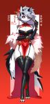 2026 absurd_res accessory anthro armwear asian_clothing big_breasts black_armwear black_body black_clothing black_elbow_gloves black_fur black_gloves black_handwear breasts canid canid_demon canine chinese_clothing chinese_dress chinese_text clothed clothed_anthro clothed_female clothing demon dress east_asian_clothing elbow_gloves female fluffy fluffy_tail fur garter_straps gloves grey_body grey_fur grey_hair hair hair_accessory hairpin handwear hellaverse hellhound helluva_boss hi_res long_hair loona_(helluva_boss) mammal multicolored_body multicolored_fur mythological_canine mythological_creature mythology red_sclera shu_stella solo tail text white_body white_eyes white_fur