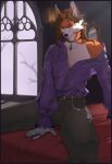 2026 absurd_res alternative_fashion anthro bed blue_eyes canid canine chain clothed clothing collar digital_media_(artwork) ear_piercing fox fur furniture goth gothic_architecture hair hi_res inside kazarart legwear looking_at_viewer male mammal mirror on_bed orange_body orange_fur piercing ring shirt solo topwear white_body white_fur window