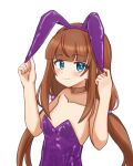  1girl adjusting_clothes adjusting_headwear alternate_costume animal_ear_hairband animal_ears bare_arms bare_shoulders blue_eyes blunt_bangs blush breasts bright_pupils brown_choker brown_hair choker closed_mouth collarbone commentary_request dot_nose english_commentary fake_animal_ears hair_bobbles hair_ornament hairband hands_up leather leather_leotard leotard long_hair long_sidelocks looking_at_viewer low_twintails mixed-language_commentary nijisanji oversized_breast_cup playboy_bunny purple_hairband purple_leotard rabbit_ear_hairband rabbit_ears sidelocks sideways_glance simple_background small_breasts smile solo strapless strapless_leotard twintails upper_body upturned_eyes virtual_youtuber w_arms white_background white_pupils yaturugi_nennji yokaze_yui 
