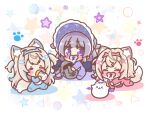  3girls aged_down animal_ear_fluff animal_ears baby_bottle blue_hair blue_hairband bonnet bottle brown_hair chibi colored_shadow commentary dog_ears dog_girl dog_tail english_commentary fake_horns fuwawa_abyssgard grey_hair hairband hat highres holding holding_bottle hololive hololive_english horns koseki_bijou long_hair long_sleeves mitarashi_neko moai_(koseki_bijou) mococo_abyssgard multicolored_hair multiple_girls onesie pacifier perroccino_(fuwamoco) pink_hair pink_hairband purple_eyes purple_hat shadow siblings sisters sitting star_(symbol) streaked_hair tail twins two_side_up very_long_hair virtual_youtuber white_background 