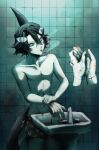  1boy angelicorca bags_under_eyes bathroom black_eyes black_hair blood_from_wrists burn_scar cetacean_tail cigarette commentary curtained_hair faucet fins fish_tail funamusea hair_between_eyes head_fins head_tilt highres holding_own_wrist idate_(funamusea) male_focus orca_boy pectorals scar scar_on_arm scar_on_chest short_hair shorts sink smoke smoke_trail smoking solo tail topless_male 