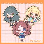  3girls :3 :d ;3 ;d black_shoes black_skirt blonde_hair blue_bow blue_bowtie blue_eyes blue_skirt blush_stickers border bow bowtie braid brown_hair brown_shoes chibi chibi_only closed_mouth coat collared_shirt commentary_request fujita_kotone full_body gakuen_idolmaster green_eyes green_hair green_jacket green_shirt grey_coat grid_background hanami_saki hatanaka_marie highres idolmaster jacket long_hair long_sleeves looking_at_viewer multiple_girls one_eye_closed open_clothes open_coat open_jacket open_mouth orange_border outline pink_shirt plaid_clothes plaid_skirt pleated_skirt purple_skirt shirt shoes skirt smile socks standing tsukimura_temari twin_braids twitter_username white_outline white_socks yellow_eyes yellow_shirt yellow_shoes 