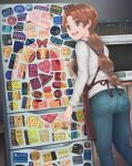  1girl :d apron arm_at_side ass blue_pants brown_apron brown_hair commentary_request denim feet_out_of_frame from_behind highres indoors jeans legs_apart long_hair long_sleeves looking_at_viewer looking_back open_mouth original pants pocket ponytail refrigerator smile solo standing sticker sweater too_many_stickers very_long_hair white_sweater yajirushi_(chanoma) yellow_eyes 