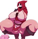  2017 absurd_res areola_slip big_breasts big_butt blush boots breasts butt clothing crouching demon duo footwear hi_res hoodie huge_breasts human imp ineffective_clothing mammal mask nipple_bulge pussy simple_background spread_legs spreading sssonic2 white_background 