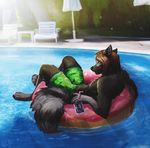  anthro black_fur brown_hair canine clothed clothing day detailed_background digital_media_(artwork) digitigrade dog enaya-thewhitewolfen fur hair mammal outside topless water 