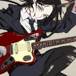  1girl antlers black_hair black_pantyhose blazer blonde_hair deer_antlers electric_guitar eyelashes fender_jaguar guitar guitar_strap head_tilt highres horns instrument jacket looking_at_viewer multicolored_hair necktie non7 office_lady original pantyhose pencil_skirt shirt simple_background skirt smirk solo torn_clothes torn_pantyhose whammy_bar white_shirt yellow_eyes 
