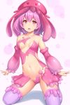  :d arms_at_sides bangs bare_shoulders blush breasts collarbone detached_sleeves groin hat heart jellyfish kneeling long_sleeves looking_at_viewer medium_breasts navel open_mouth original pink_eyes pink_hair purple_legwear revealing_clothes sasaame short_hair smile solo stomach thighhighs 