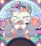 anthro balls blush blush_lines blush_stickers bodily_fluids candle censored censored_genitalia censored_penis chibi claws countershading cum devil_connection devilun_(makemon) dogblin ejaculation genital_fluids genitals hand_pawpads heterochromia hi_res horn humanoid_genitalia humanoid_penis kemono male motion_lines obscured_penetration open_mouth pawpads penis restrained restrained_by_tentacles solo summoning summoning_circle sweat tentacles tuft