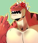 2024 8:9 absurd_res anthro buzz_(mels_monster) claws cross-popping_vein dinosaur gesture green_background green_eyes hand_gesture head_spikes hi_res itsdhani looking_at_viewer male middle_finger multicolored_body multicolored_scales muscular muscular_anthro muscular_male open_mouth outline pecs prehistoric_species red_body red_scales reptile saurischian scales scalie sharp_teeth simple_background solo spikes spikes_(anatomy) striped_body striped_scales stripes tan_body tan_scales teeth theropod tyrannosaurid tyrannosauroid tyrannosaurus tyrannosaurus_rex white_claws yellow_outline