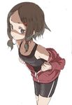  bike_shorts black_shirt black_shorts brown_eyes brown_hair character_request commentary_request forehead highres jacket_pull leaning_forward looking_at_viewer low_twintails pulled_by_self shirt short_hair short_twintails shorts simple_background solo sportswear tank_top twintails white_background yamamoto_souichirou 