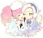  2girls :d ^_^ aikatsu! aikatsu!_(series) amahane_madoka blue_bow blue_bowtie blue_hairband bow bowtie cheek-to-cheek closed_eyes commentary_request fur_hat hairband hands_on_own_cheeks hands_on_own_face hands_up hat heads_together heart kumo_suzume kurosawa_rin long_hair looking_at_another multiple_girls one_eye_closed open_mouth pink_hair pom_pom_(clothes) smile star_(symbol) twintails upper_body white_hat winter_clothes yellow_eyes 