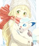  alolan_form alolan_vulpix alternate_costume beanie blonde_hair coat gloves green_eyes hat holding holding_pokemon lillie_(pokemon) long_hair natsuno_hamuto pokemon pokemon_(anime) pokemon_(creature) pokemon_sm_(anime) scarf smile white_hat winter_clothes winter_coat 