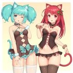  :3 animal_ear_fluff animal_ears aqua_bow aqua_eyes aqua_frills aqua_hair bare_shoulders bell black_corset blush bow breasts brown_frills brown_legwear cat_ears cat_girl cat_tail chestnut_mouth cleavage collar collarbone commentary_request corset cross-laced_clothes detached_collar fishnet_legwear fishnets food_themed_hair_ornament frilled_panties frills garter_straps hair_ornament halterneck hand_on_hip hand_up holding_tail jingle_bell large_breasts long_hair looking_at_another looking_at_viewer lowleg lowleg_panties matching_outfit medium_breasts multiple_girls navel one_eye_closed original panties parted_lips raspberry_hair_ornament red_eyes red_hair ribbon sasaame scrunchie short_hair side-tie_panties simple_background skindentation standing tail tail_raised thighhighs twintails underwear unmoving_pattern white_legwear wing_collar wrist_scrunchie 