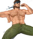  1boy abs arm_hair bara beard belobutcooler big_boss blue_eyes blue_headband chest_hair cigar commentary english_commentary eyepatch facial_hair hand_hair headband highres holding holding_cigar large_pectorals male_focus mature_male metal_gear_(series) metal_gear_solid_3:_snake_eater muscular muscular_male mustache naked_snake navel navel_hair nipples pectorals scar signature simple_background smoking sweat topless_male veins 
